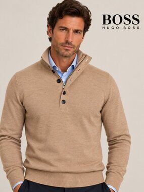BOSS Hugo Boss Beige 100% Virgin Wool Quarter Zip Button Sweater Size L NWT